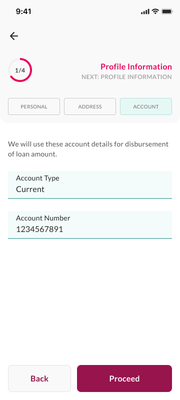 Account details screen linking a bank account for the gold loan